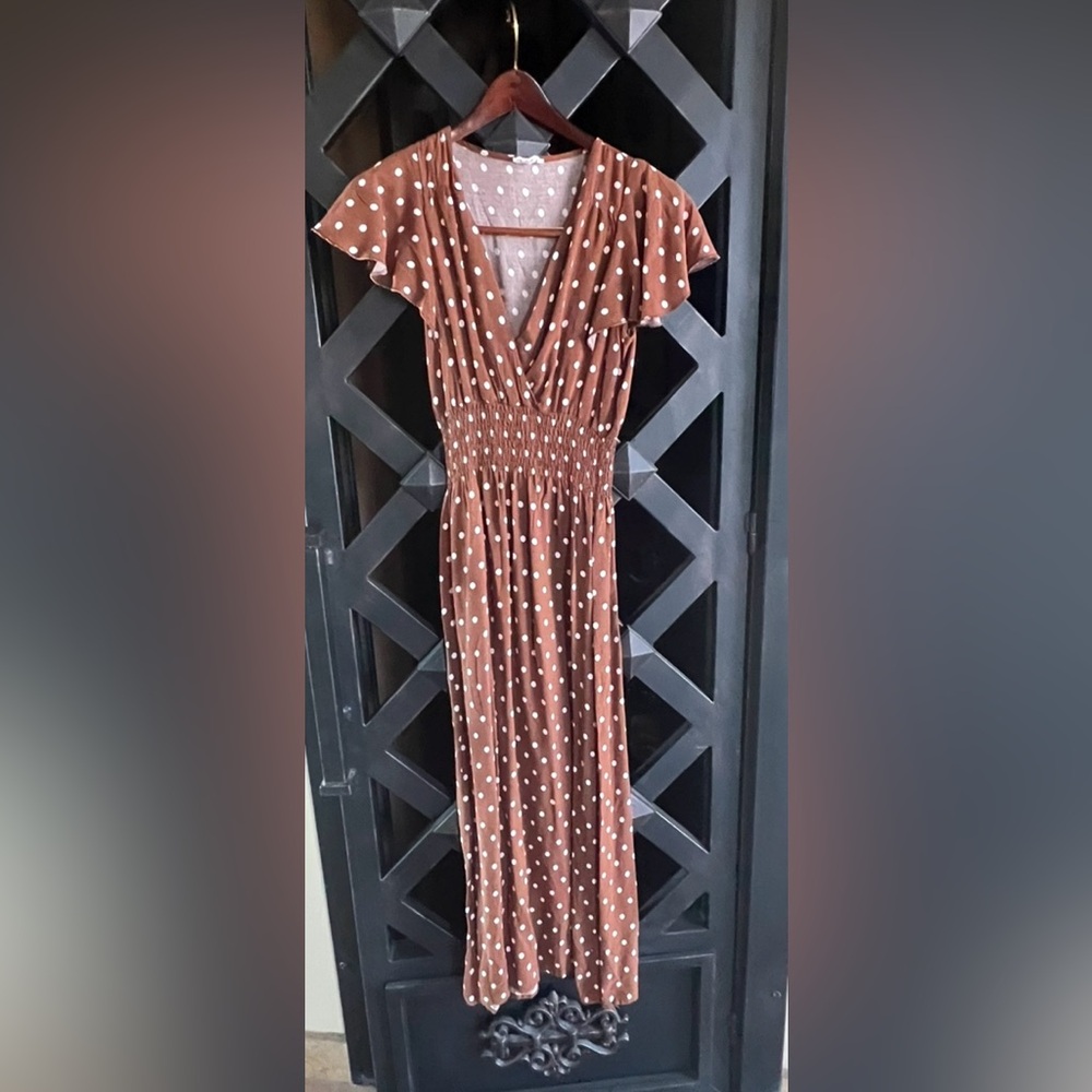 KINDRED brand (Anthropologie) Brown & White Polka Dot Maxi Dress Smocked Waist